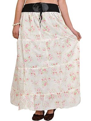 Long Skirt with Printed Roses and Elastic Waist