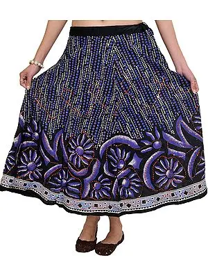 Caviar-Black Midi-Skirt with Printed Flowers and Sequins