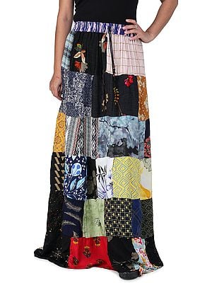 Printed Long Boho Skirt from Gujarat with Patch Work
