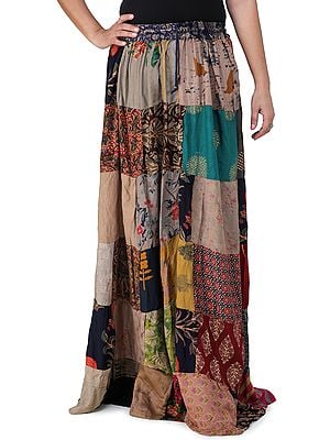 Exotic India Long Printed Dori Skirt from Gujarat with Patch Work
