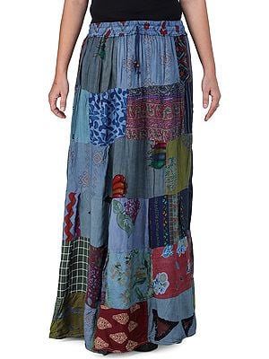 Printed Long Boho Skirt from Gujarat with Patch Work