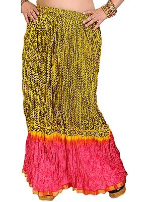 Yellow and Pink Printed Crushed Long Skirt with Gota Border