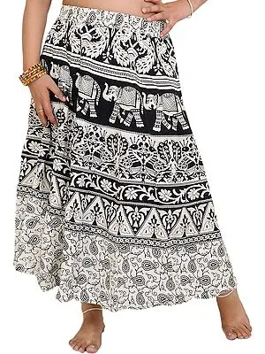 White and Black Sanganeri Midi Skirt with Printed Elephants and Peacocks