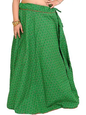 Bright-Green Drawstring Printed Long Ghagra Skirt with Piping