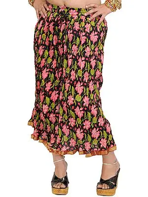 Black Crinkled Midi-Skirt with Printed Flowers and Gota Border