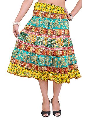 Yellow and Green Midi Ghagra Skirt from Gujarat with Crewel Embroidery and Mirrors