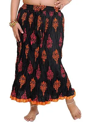 Caviar-Black Floral Printed Crushed Midi Skirt with Patch Border