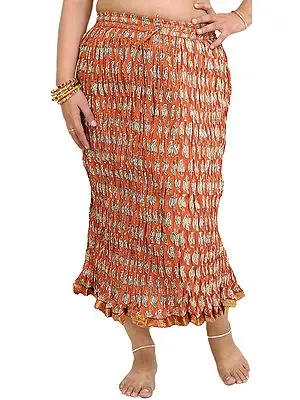 Burnt-Brick Crushed Midi Skirt with Printed Leaves and Gota Border