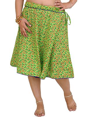 Bright-Lime Green Drawstring Short Skirt with Printed Leaves