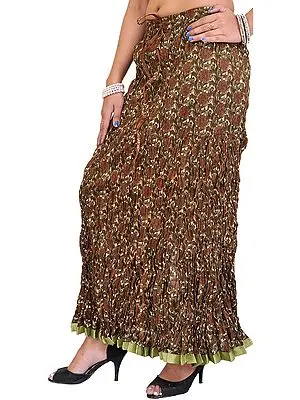 Dusky-Green Crinkled Long Skirt with Block-Printed Flowers and Patch Border