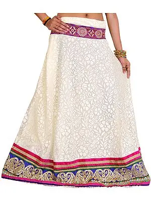Ivory Ghagra Skirt with Embroidered Patch and Self Weave