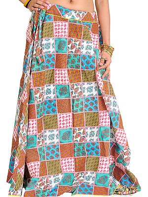 Floral Printed Long Patchwork Skirt with Piping