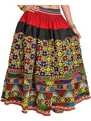 Black and Maroon Heavy Ghagra Skirt from Kutch with Floral Embroidery in Multicolor Thread