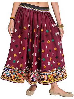 Grape-Wine Ghagra Skirt from Kutch with Rabari Embroidered Bootis