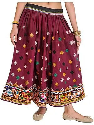 Grape-Wine Ghagra Skirt from Kutch with Rabari Embroidered Bootis