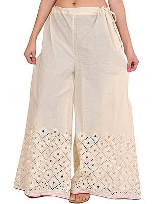 Ivory Plain Palazzo Pants with Cut-Work Embroidery on Border
