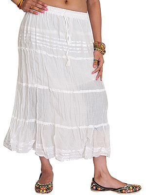Plain Elastic-Waist Midi Skirt with Lace