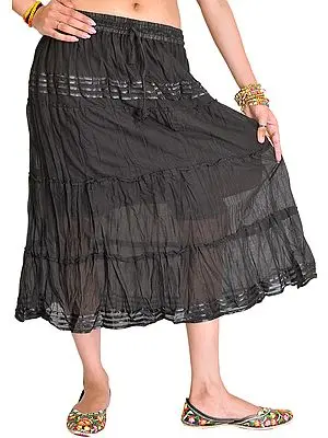 Plain Elastic-Waist Midi Skirt with Lace