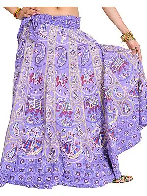 Violet-Tulip Wrap-Around Sanganeri Skirt with Printed Motifs