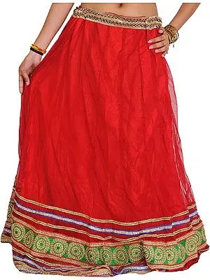 Chinese-Red Wedding Long Ghagra with Embroidered Patch Border and Sequins