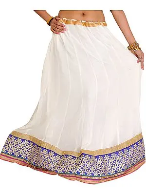 Egret-White Long Ghagra with Floral Embroidered Patch Border