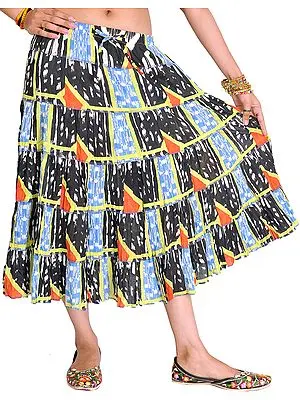 Black and Blue Midi Skirt with Patchwork