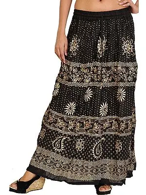 Jet-Black Long Skirt with Printed Flowers and Bootis in Golden Color