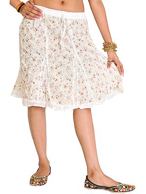 Pristine-White Short Skirt with Printed Flowers and Lace
