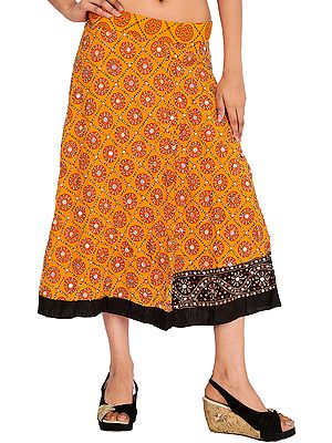Blazing-Orange Midi Lehenga Skirt with Beads-Embroidered Flowers and Sequins All-Over
