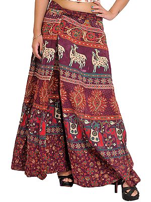 Prune-Purple Wrap-Around Skirt from Pilkhuwa with Printed Flowers and Animals