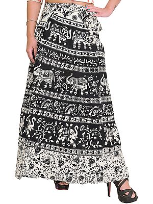 Black and White Wrap-Around Skirt from Pilkhuwa with Printed Elephants