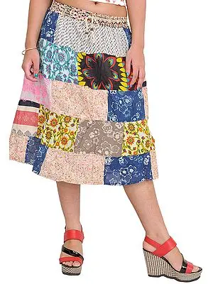 Multicolor Midi Skirt from Gujarat with Printed Flowers and Patchwork