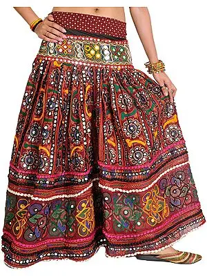 Oxblood-Red Plated Ghagra Skirt from Gujarat with Embroidered Flowers and Large Sequins