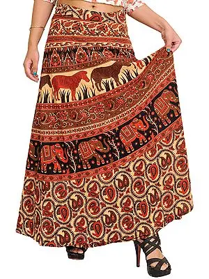 Sunburst and Red Wrap-Around Skirt from Pilkhuwa with Printed Animals