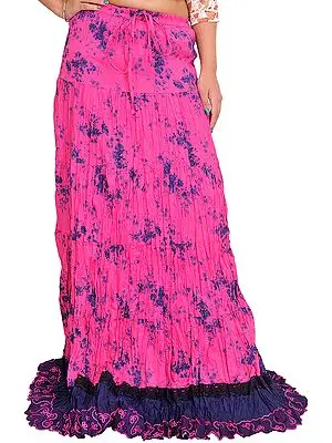 Azalea-Pink and Blue Floral Printed Long Crinkled Skirt with Patch Border