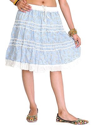 Powder-Blue and White Short Skirt with Printed Flowers and Lace