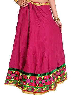 Magenta-Haze Plain Ghagra Skirt with Embroidered Patch Border and Mirrors