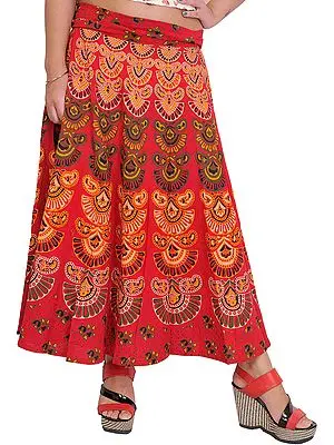 Rococco-Red Wrap-Around Midi Skirt from Pilkhuwa with Printed Motifs