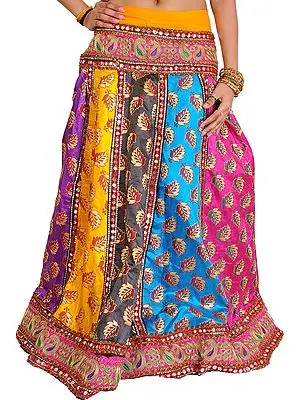 Multicolor Ghagra Skirt from Gujarat with Woven Leaves and Embroidered Paisleys Patch Border