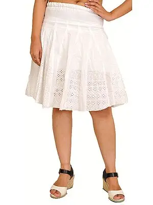 Egret-White Pleated Short Skirt with Chikan Embroidery