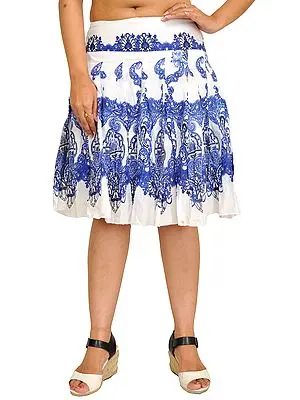 White and Blue Plated Short Skirt with Printed Paisleys