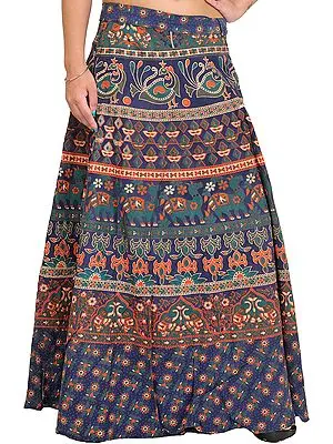Medieval-Blue Wrap-Around Long Skirt from Pilkhuwa with Printed Animals