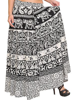 White and Black Wrap-Around Printed Skirt from Pilkhuwa with Elephants and Peacocks