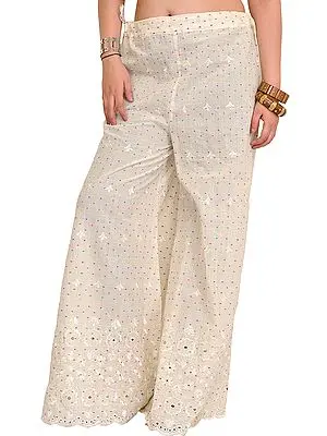 Cream Palazzo Pant with Woven Bootis and Embroidery on Border