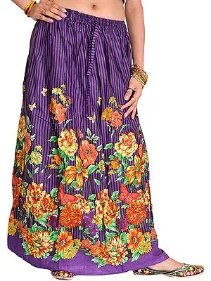 Pansy-Purple Long Skirt with Printed Flowers and Stripes