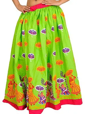 Jasmine-Green Long Ghagra from Gujarat with Embroidered Ladies