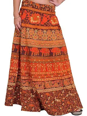 Wrap-Around Printed Skirt from Pilkhuwa with Floral Print and Elephants