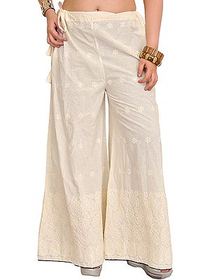 Off-White Palazzo Pant with Chikan Embroidery and Sequins
