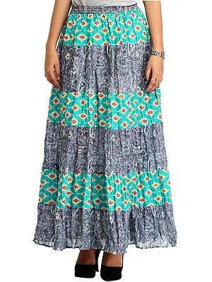 Gray and Green Long Printed Skirt with Elastic Waist