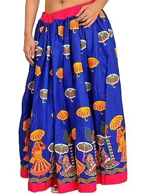 Dazzling-Blue Ghagra Skirt with Embroidered Village Ladies
